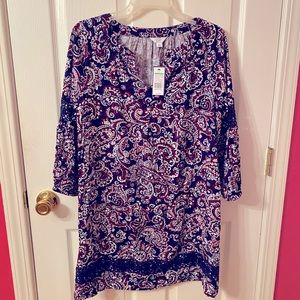 Sz Sm. CROWN&IVY dress paisley fall bloom!3/4 sleeves!NEW navy/burgundy/white!